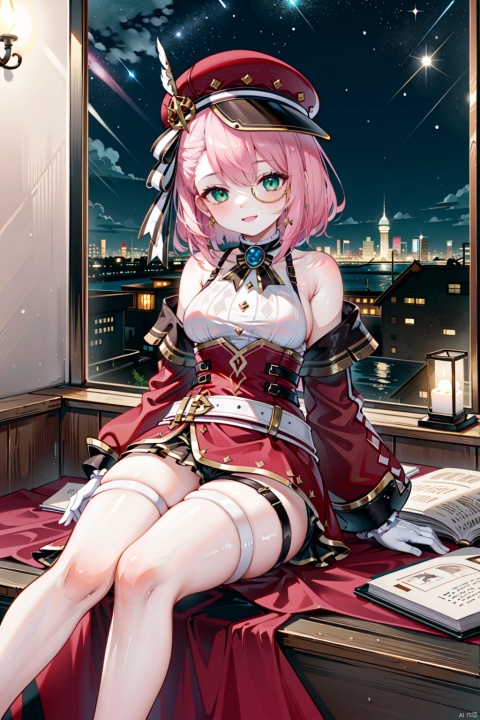  dynamic composition,best quality, masterpiece,night,street,Bustling city,bedroom,cityscape,transportation_by_window,sitting,BREAKbarbara (genshin impact),sole_female,light smile,1girl,hat, pink hair, gloves, bare shoulders, belt, green eyes,thigh strap, detached sleeves, white shirt, monocle, short hair, jewelry,ribbon, hat feather,