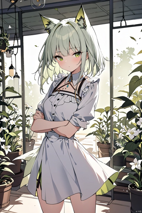 1girl,Kal'tsit,animal ears,standing,looking at viewer,beautiful,cute,bloom,ray,in greenhouse,masterpiece,extremely detailed,best quality,very aesthetic