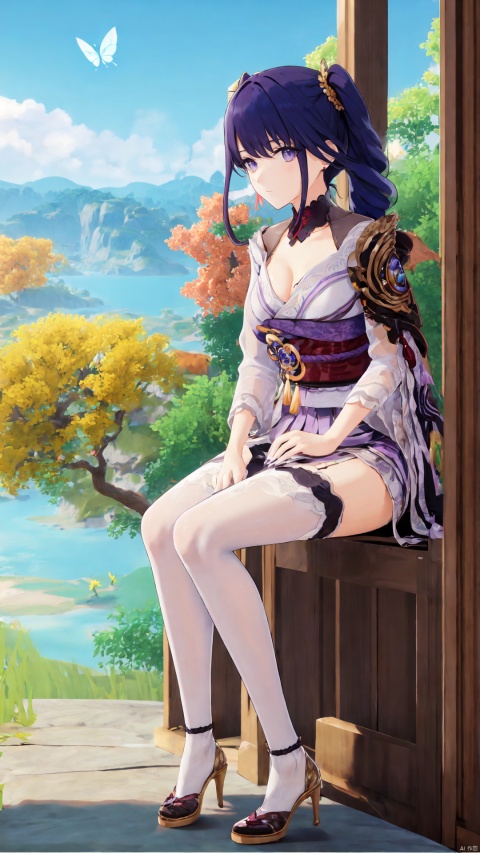  a girl,purple eyes,fu_r_y,mature_female,short_twintails,full_body,,1girl,hakuhatsu,front view,full_body,sit down,bright light,solo,breasts,looking at viewer,sky,bluesky,bug,butterfly,branch,,