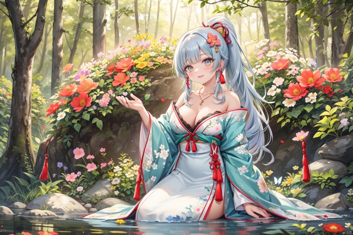  (masterpiece,best quality,absurdres:1.1),1girl,beautiful detailed girl,fine and beautiful detailed skin,kamisato ayaka,(tassel hair ornament:1.3),solo,grey eyes,blunt bangs,blunt tresses,ponytail,kusazuri,breasts,hair bow,hair ribbon,red ribbon,light blue hair,mole under eye,perky breasts,collarbone,cleavage,long hair,smile,legs up,sitting in tree,flower necklace,vines,(extremely detailed beautiful background:1.1),forest,waterfall,(floral background:1.3),flower,bloom,The tree is in full bloom with flowers,glowing butterfly,butterfly,Flowers all over the ground,(Flowers blooming all over the branches,:1.1),ray tracing,reflection light,water drop,(beautiful detailed eyeliner),(beautiful detailed skin),(smooth skin),(shiny skin:0.8),(shiny:0.8),wide shot,depth offield,rainbow,,,