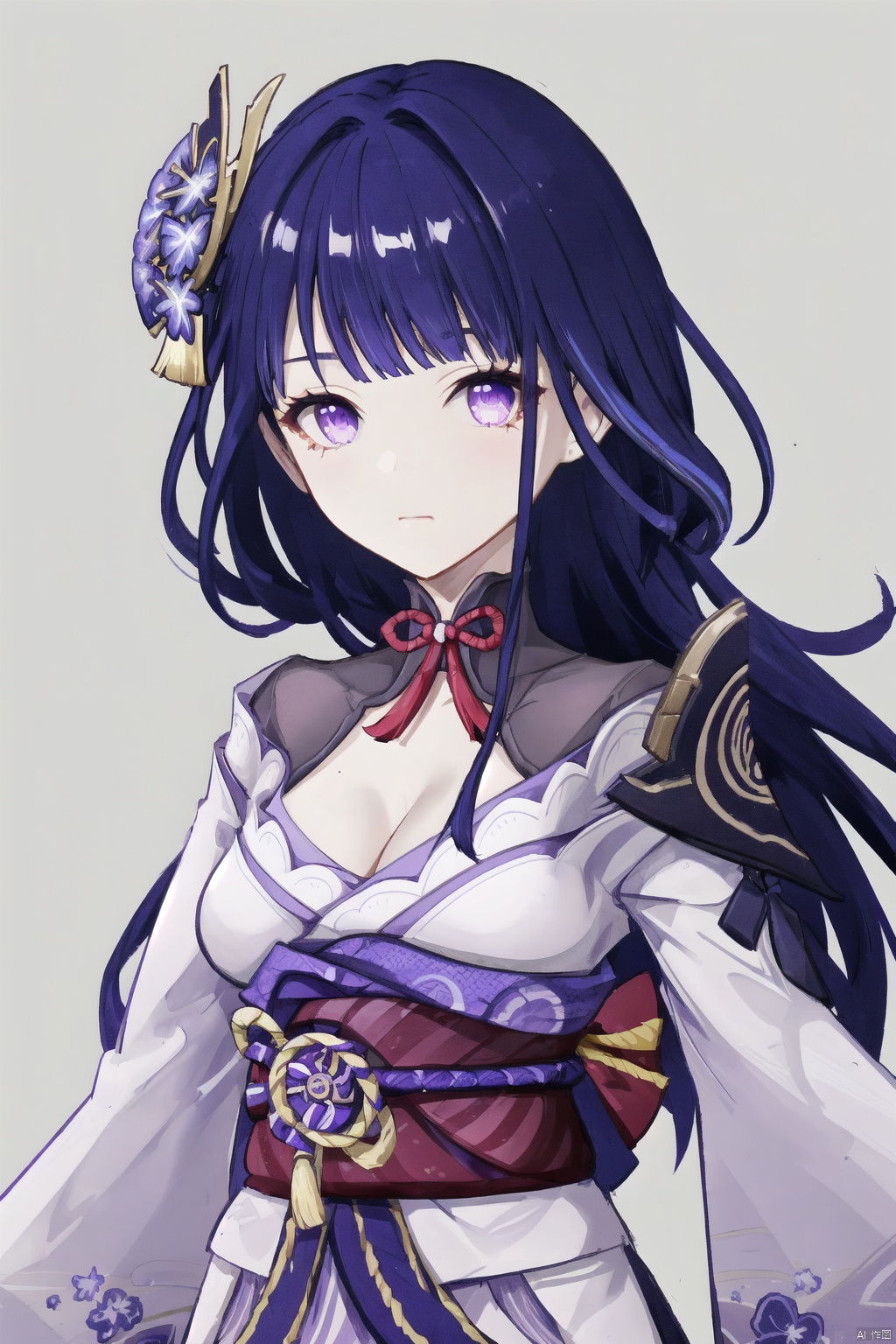  ying, 1girl, solo, raiden shogun, mole, mole under eye, long hair, purple eyes, japanese clothes, purple hair, bangs, hair ornament, sash, breasts, looking at viewer, obiage, armor, obi, ribbon, kimono, closed mouth, tassel, obijime, shoulder armor, flower, purple flower, cleavage, purple background, simple background, large breasts, floral print, long sleeves