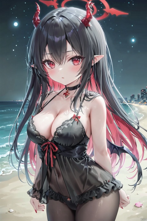  (masterpiece),(best quality),high quality,colorful,solo,1girl,(straight hair,Black hair，long hair,colored inner hair,hair between eyes),red eyes，beautiful eyes，(Red Thorn Halo)，Bat wings，pointy ears,large breasts，Thorax, cleavage, clavicle，black choker，black nightgown，jacket，black pantyhose，night, stars, on the beach,arms behind back ,