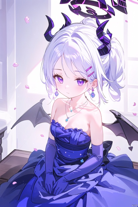  1girl,(masterpiece:1.3),( beautiful:1.2),(high quality:1.2),(finely detailed:1.2),extremely detailed CG unity 8k wallpaper,best quality,a very delicate and beautiful,perfect fingers,(one cute girl at the center:1.2),
gloves, dress, bare shoulders, jewelry, pantyhose, earrings, frills, elbow gloves, necklace, petals, strapless, frilled dress, strapless dress, purple dress, purple gloves, hinaDress,hinaBA,
long hair, bangs,hair ornament, very long hair, purple eyes,ahoge, white hair,wings, horns,hairclip,parted bangs, halo,demon girl, demon horns, forehead,demon wings, low wings, multiple horns, hina\(bluearchive\),