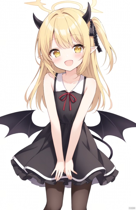 1girl, solo, long hair, looking at viewer, blush, smile, open mouth, bangs, blonde hair, simple background, white background, dress, ribbon, bare shoulders, collarbone, tail, hair ribbon, yellow eyes, :d, pantyhose, wings, horns, sleeveless, pointy ears, black dress, bare arms, black ribbon, leaning forward, sleeveless dress, one side up, halo, demon girl, demon horns, demon wings, loli,ibukiBA