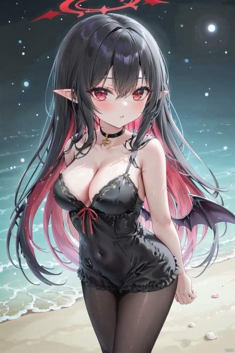  (masterpiece),(best quality),high quality,colorful,solo,1girl,(straight hair,Black hair，long hair,colored inner hair,hair between eyes),red eyes，beautiful eyes，(Red Thorn Halo)，Bat wings，pointy ears,large breasts，Thorax, cleavage, clavicle，black choker，black nightgown，jacket，black pantyhose，night, stars, on the beach,arms behind back ,