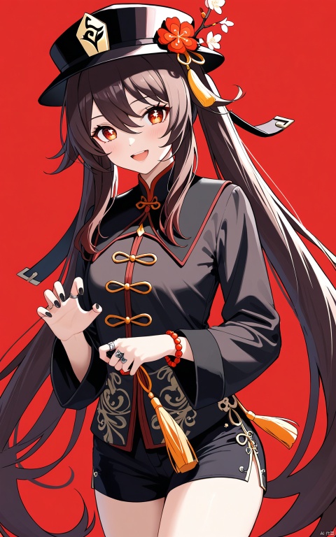  (masterpiece), (best quality),1girl, hu tao (genshin impact), solo, hat, brown hair, shorts, red eyes, symbol-shaped pupils, flower, looking at viewer, long sleeves, black shorts, red background, long hair, jewelry, blush, ring, black nails, twintails, smile, hat flower, black headwear, short shorts, plum blossoms, open mouth, very long hair, simple background, flower-shaped pupils, bangs, nail polish, chinese clothes, hair between eyes, cowboy shot, tassel, shirt, breasts, claw pose