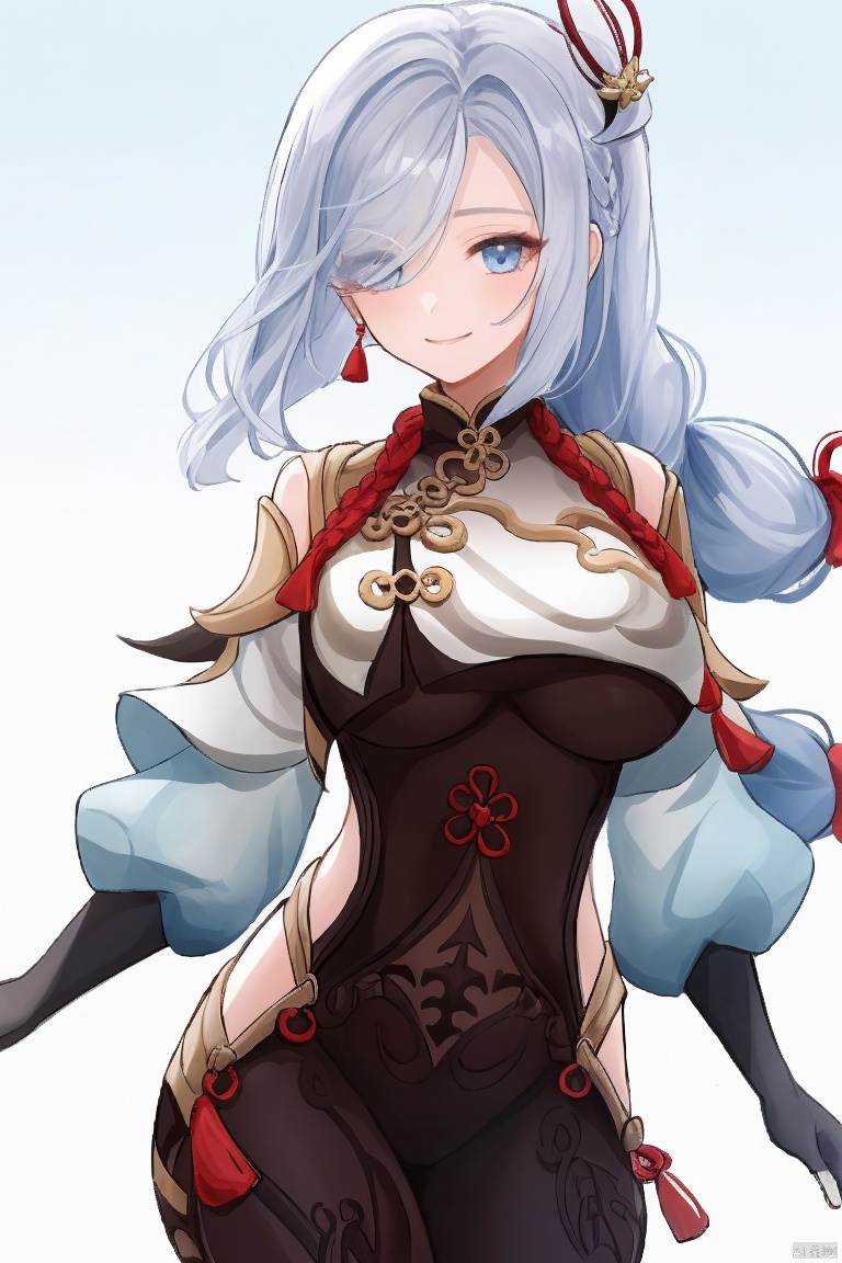  masterpiece,best quality,1girl, solo, long hair, breasts, looking at viewer, smile, bangs, blue eyes, simple background, hair ornament, gloves, white background, jewelry, very long hair, braid, white hair, grey hair, black gloves, hair over one eye, clothing cutout, bodysuit, covered navel, eyes visible through hair, hand on own chest, tassel, braided ponytail, black bodysuit, hip vent, shoulder cutout, breast curtain, shenhe \(genshin impact\)
