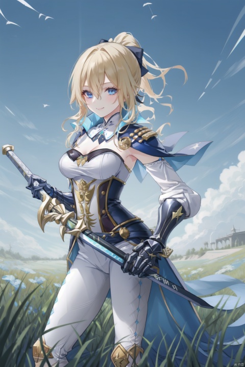 jean, 1girl, jean \(genshin impact\), breasts, white pants, weapon, sword, blonde hair, solo, cleavage, capelet, holding weapon, blue eyes, holding sword, sky, pants, ponytail, outdoors, holding, smile, long hair, grass, bangs, blue sky, hair bow, sheath, unsheathing, dandelion, sidelocks, day, gauntlets, bow, hair between eyes, cloud, blue capelet, bird, tight, medium breasts, tight pants, strapless, standing, detached sleeves, detached collar, corset, flower