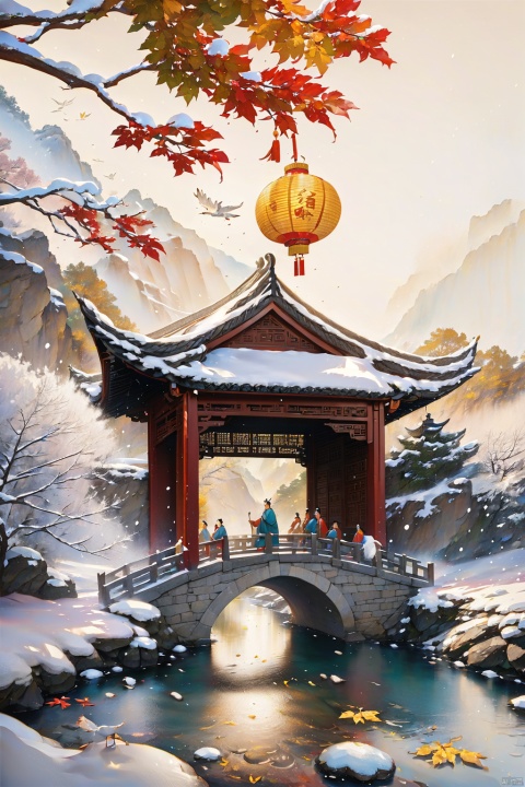  Best quality,8k,cg,Snow and ice, market, ancient Chinese paintin