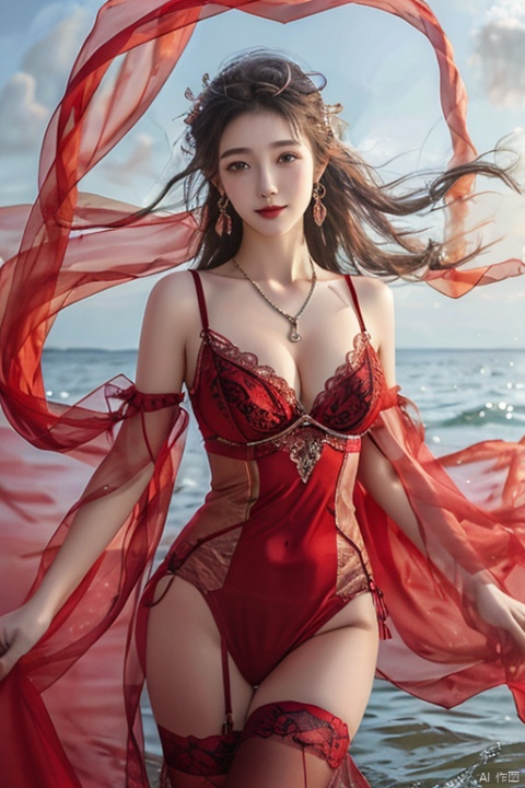 (An 18-year-old girl:1.5)
picture-perfect face,inverted triangle face,flowing hair,black hair,
big breasts,cleavage,thighhighs,collarbonea,double-fold eyelids,EYE,smile,
see-through lingerie,
sky,water,
ultra realistic 8k cg,
(realistic,photorealistic:1.37),
professional artwork,
(masterpiece, top quality), wunv, office lady
