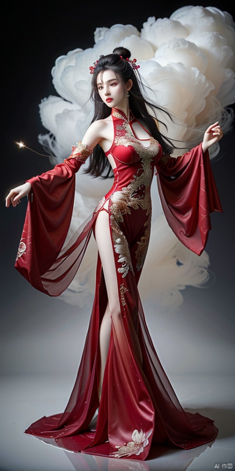  A girl with long black hair, Hanfu, medium breasts,.wunv, Breasts,Exquisite makeup, long flowing hair,full body,dancing, Ink scattering_Chinese style, xianjing hanfu crane, xianjing crane hanfu cloud branch flower, (china dress)