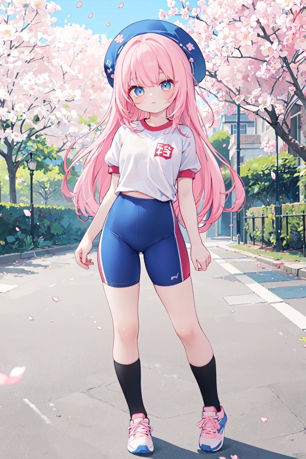 cherry blossoms,beautiful,blue buruma, gym shirts, white t-shirts, gym uniform,,best quality,full body,cute face,detailed skin,detailed beautiful face and eyes,1girl,UHR,slender waist,constricted waist,good anatomy,long hair,pink hair