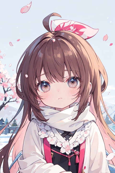  (masterpiece),(best quality),illustration,ultra_detailed,hdr,Depth_of_field,(colorful),loli,anime-style,female character,digital art,illustration,fantasy,vibrant colors,ahoge,messy hair,brown hair,brown eyes,long hair,snowy background,soft lighting,head-tilt pose,pensive expression,scarf,flowing hair,sakura,(cherry blossoms),ethereal atmosphere,intricate details,pastel palette,character close-up, white pantyhose