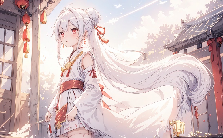  (masterpiece)), ((best quality)), ((official art)), (extremely detailed CG unity 8k wallpaper), ((highly detailed)), ((illustration)), traditional chinese painting,((Chinese wind)),((a girl)), (single), staring, fairy,hair_ornament, earrings, jewelry, (very long hair), (messy_hair), bare shoulders, ribbon,hairs between eyes, beautiful detailed sky,full body,close-up,arms behind back,Taoist robe, thighs, aloft, mist-shrouded,chinadre,overexposure,[wet clothes],medium breast,solo,[doll],Bare thigh,incredibly_absurdres,intense angle ,pleated dress,chinese style architecture,single hair bun,white_hair,red_eyes,sideways glance,cold attitude,eyeshadow,eyeliner,eyes visible through hair,no shoes,ribbon-trimmed sleeves,earrings,necklace,tiara,medium_breasts,sunlight,reflection light,ray tracing,loli,Phoenix crown and rosy robe,blush