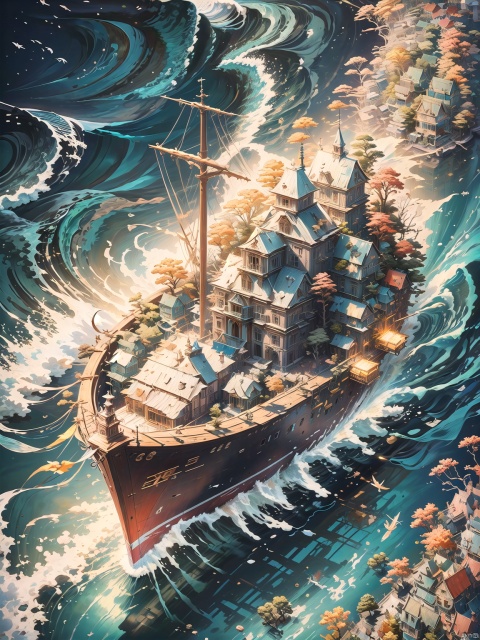  (masterpiece, best quality, highres,absurdres, detailed:1.2)
1little boat on the sea 
a lot of colorful fish around the boat
from_above,

