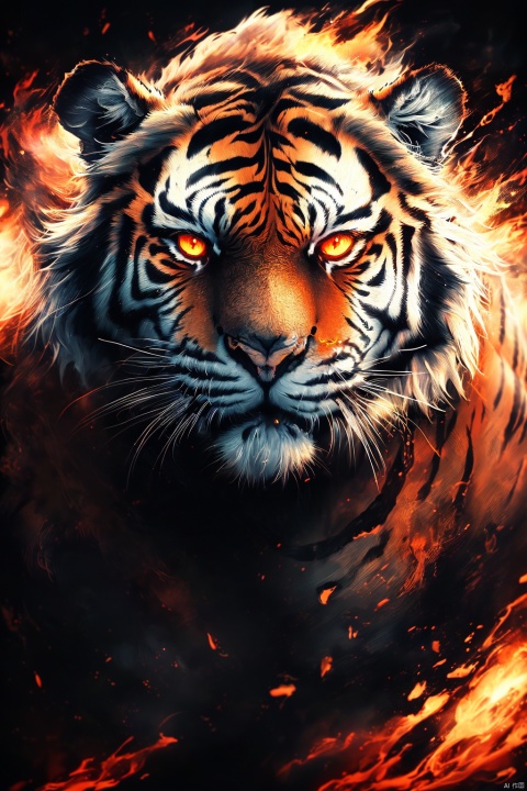  Fierce wallpaper, aggressive digital illustration style, anamorpa lens Flare, tiger, expressive brushstrokes, Darkness and Explosion, close-up, Vulcan, Zhu Rongshi, Fire Fire, Burning
