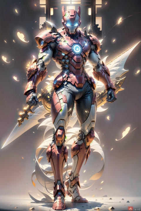 咒语：Iron Man wears a Tang suit armor, wielding a cool and stylish broadsword, set against a backdrop of Chinese architecture in a cyberpunk style, with realistic lighting and shadow effects, 8K resolution, and exquisite details