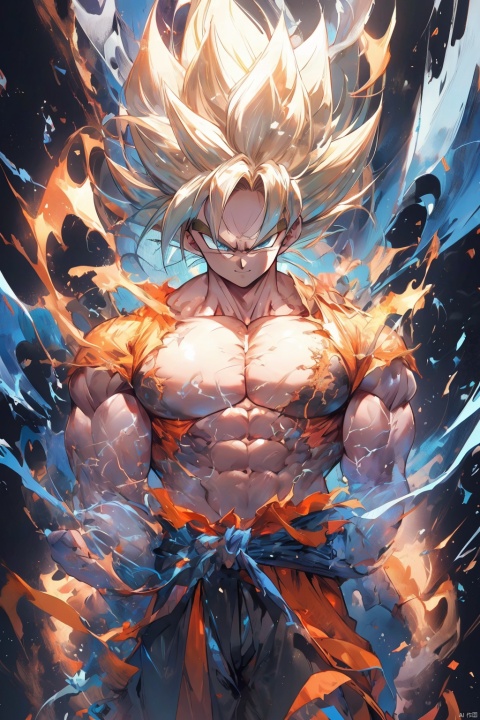  ((best quality)), masterpiece, ((ultra-detailed)), illustration, 8k wallpaper, ((extremely detailed CG unity 8k wallpaper)), (extremely detailed eyes and face), huge filesize, game cg, songoku, 1boy, male focus, solo, super saiyan, muscular, spiked hair, golden hair, torn clothes, muscular male, pectorals, blue eyes, abs, clenched hands, topless male, looking at viewer, pants, closed mouth, aura, nipples, shaded face, smile, serious, electricity, standing