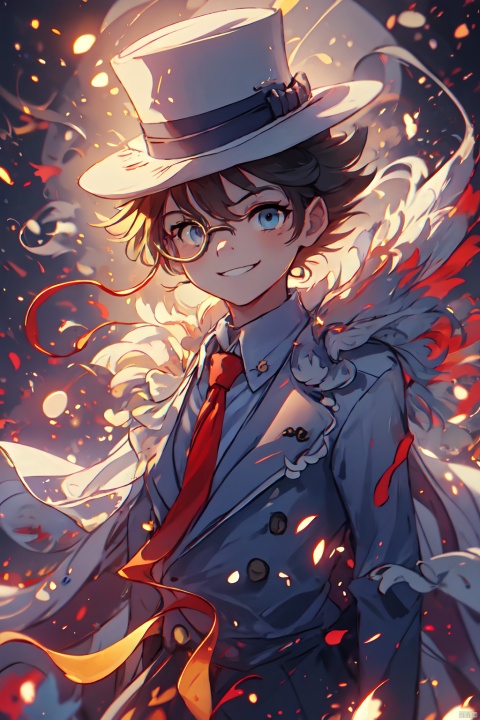  1man,monocle,white gloves,red necktie,blue shirt,white jacket,collared shirt,long sleeves,top hat,white headwear,looking at viewer,formal,white cape,white suit,smile,dress shirt,black moon,arms behind back,jumping,malefocus,solo
 kaitou kid, colors,Dragonandgirl,yinghuo,(龙年