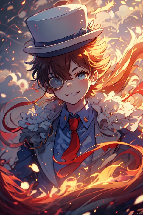  1boy,monocle,white gloves,red necktie,blue shirt,white jacket,collared shirt,long sleeves,top hat,white headwear,looking at viewer,formal,white cape,white suit,smile,dress shirt,malefocus,solo
 kaitou kid, colors, Dragon andgirl,yinghuo,(龙年