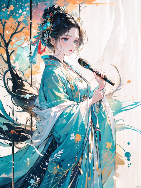  (masterpiece, best quality, highres,absurdres, detailed:1.2)
1girl, lovely,black hair,a fan in her hand ,blue eye,fighting,colorful clothes,
White nine-tailed fox, 
Gorgeous background, vivid color, acrylic painting,different angles, myinv,beauty