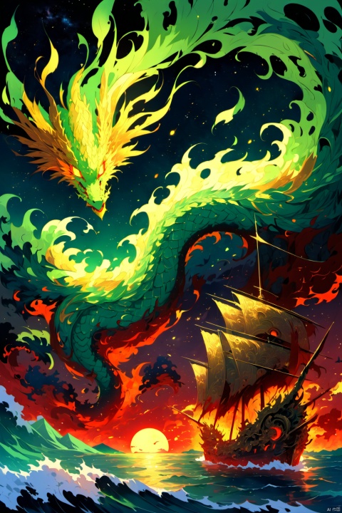  extremely detailed 8k wallpaper,(highly detailed:1.1), ((masterpiece:1.1)),[anime:Impasto:0.5], intricate , fantasy,(1ship),(ocean:1.2),[golden phoenix and dragon:golden phoenix and dragon with (green fire:1.2):0.1], clear sky ,wind ,beautiful sky,(nightsky),(galaxy), (huge blood moon in the background:1.05)
