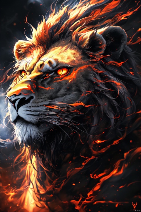 Fierce wallpaper, aggressive digital illustration style, anamorpa lens Flare, Lion, expressive brushstrokes, Darkness and Explosion, close-up, Vulcan, Zhu Rongshi, Fire Fire, Burning