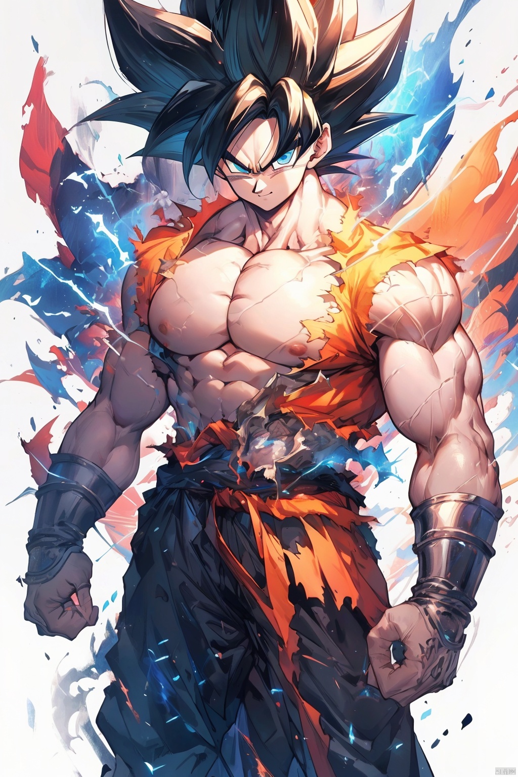  ((best quality)), masterpiece, ((ultra-detailed)), illustration, 8k wallpaper, ((extremely detailed CG unity 8k wallpaper)), (extremely detailed eyes and face), huge filesize, game cg, songoku, 1boy, male focus, solo, super saiyan, muscular, spiked hair, black hair, torn clothes, muscular male, pectorals, blue eyes, abs, clenched hands, topless male, looking at viewer, pants, closed mouth, aura, nipples, shaded face, smile, serious, electricity, standing