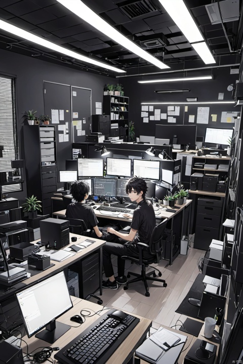  1 boy, black hair, messy hair, thin, black clothes, black collar, short sleeves, black pants, sitting, working, facing two monitors, keyboard.
A rectangular desk with a messy desk and a small electric fan.
In the office, black messy ceiling, white strip lights.