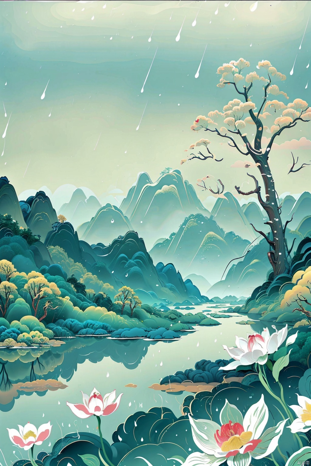  ( Rain :1.3), spring , lawn , flowers , trees , forest , green , greenery , meadow , river , masterpiece , super fine , extremelydetailed wallpaper , perfect lighting , painting , crazydetail , super fine , super quality , high detail , superfine , stereoscopic , super rich ,32k, quohuashanshui