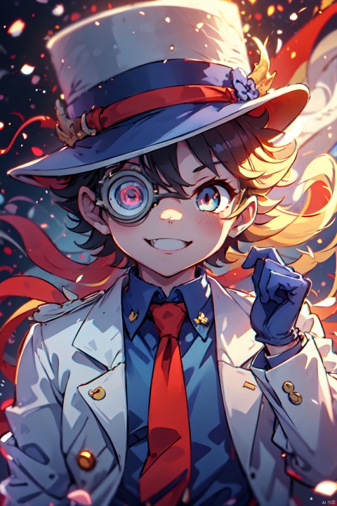  1boy,monocle,white gloves,red necktie,blue shirt,white jacket,collared shirt,long sleeves,top hat,white headwear,looking at viewer,formal,white cape,white suit,smile,dress shirt,malefocus,solo
 kaitou kid, colors, Dragon and girl,yinghuo,(龙年