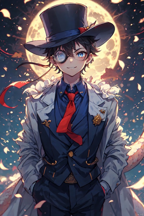  1boy,monocle,white gloves,red necktie,blue shirt,white jacket,collared shirt,long sleeves,top hat,white headwear,looking at viewer,formal,white cape,white suit,smile,dress shirt,black moon, arms behind head, malefocus,solo
 kaitou kid,colors,Dragonandgirl,yinghuo,(龙年