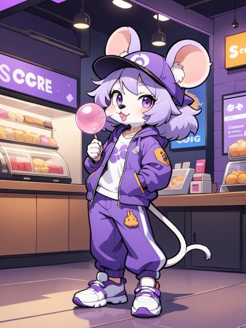 1mouse, solo, looking at viewer, shirt, long sleeves, holding, animal ears, jewelry, standing, purple eyes, jacket, full body, purple hair, earrings, one eye closed, open clothes, shoes, pants, hood, open jacket, white footwear, furry, hood up, hand in pocket, mouse ears, furry female, purple shirt, blue pants, ears through headwear, whiskers, bubble blowing, chewing gum,singer background