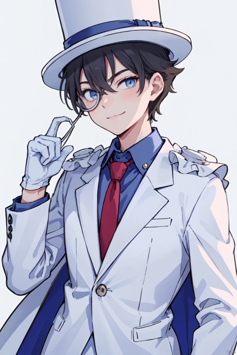  1boy,monocle,white gloves,red necktie,blue shirt,white jacket,collared shirt,long sleeves,top hat,white headwear,looking at viewer,formal,white cape,white suit,smile,dress shirt,malefocus,solo
 kaitou kid, colors
