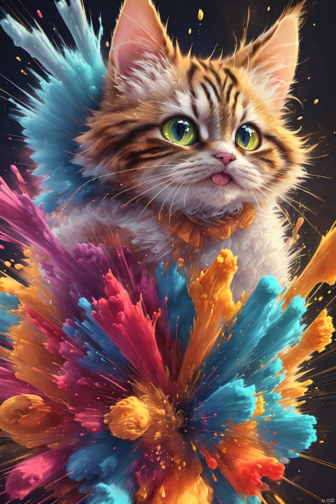  1cat,((masterpiece)), high detailed, ultra-detailed, (1cat), (happy), (colorful paint splashes), (action shot), (playful), (vibrant), (free-spirited)., (close-up), ((best quality)), 8k, best quality, UHD
