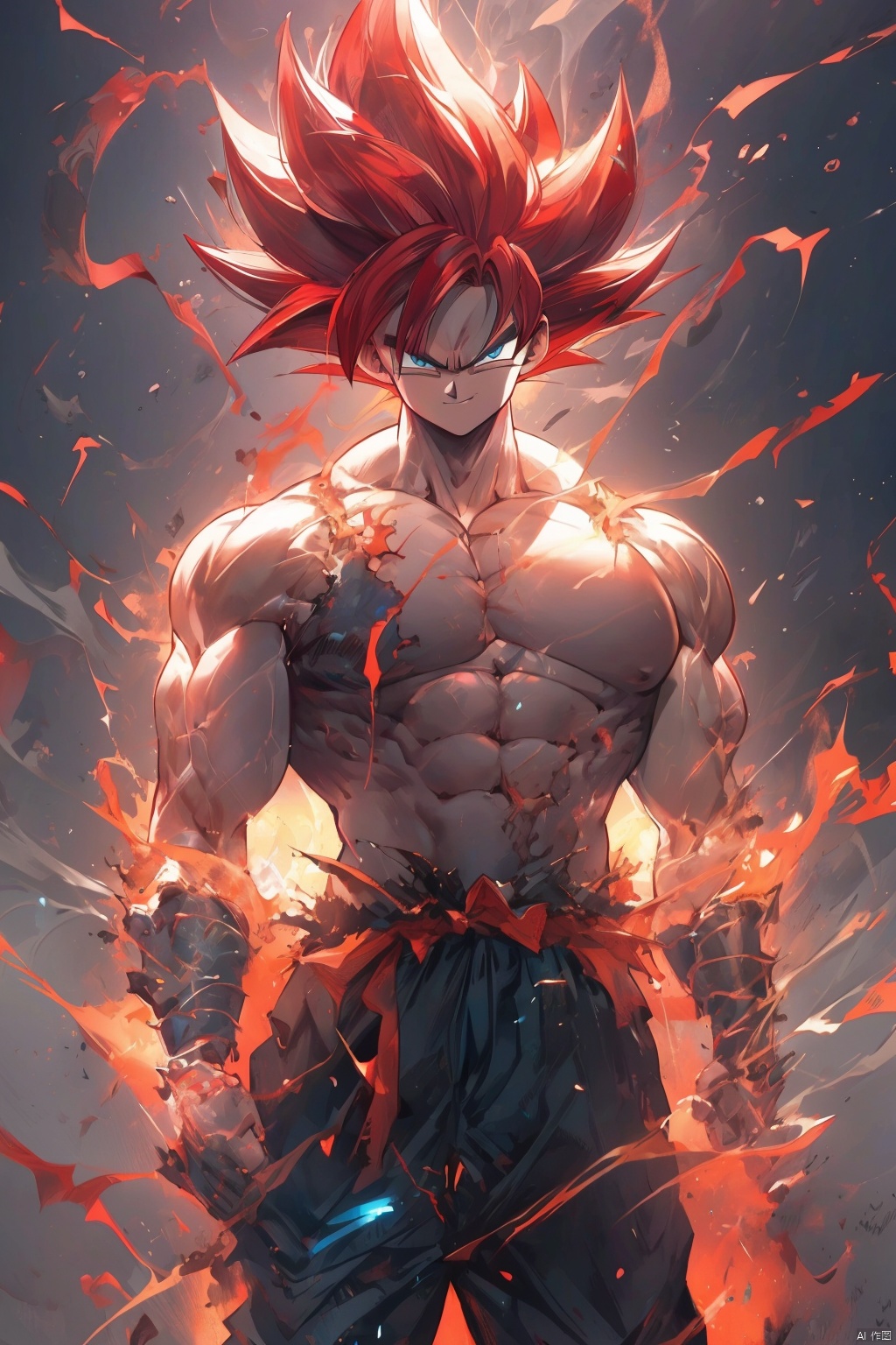  ((best quality)), masterpiece, ((ultra-detailed)), illustration, 8k wallpaper, ((extremely detailed CG unity 8k wallpaper)), (extremely detailed eyes and face), huge filesize, game cg, songoku, 1boy, male focus, solo, super saiyan, muscular, spiked hair, red hair, torn clothes, muscular male, pectorals, blue eyes, abs, clenched hands, topless male, looking at viewer, pants, closed mouth, aura, nipples, shaded face, smile, serious, electricity, standing