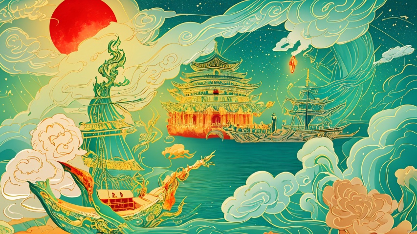  extremely detailed 8k wallpaper,(highly detailed:1.1), ((masterpiece:1.1)),[anime:Impasto:0.5], intricate , fantasy,(1ship),(ocean:1.2),[golden boat:golden boat with (green fire:1.2):0.1], clear sky ,wind ,beautiful sky,(nightsky),(galaxy), (huge blood moon in the background:1.05)
, illustration