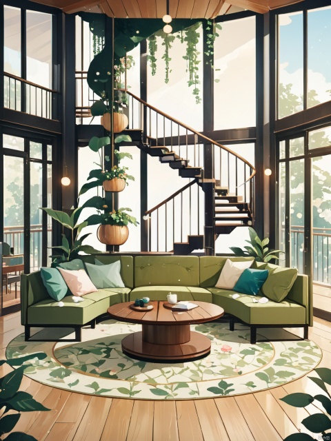  (masterpiece, best quality, highres,absurdres, detailed:1.2)
indoor,( steel stair and stainless steel handrail:1.3)
Windows, floor-to-ceiling Windows, greenery,(a lot of flower disc:1.2).
fabric sofa, wooden round coffee table, carpet, shelving for books,
winter,snowing outside,
wooden floor and plant wall
front view,symmetry, 
, indoors, BY MOONCRYPTOWOW, Nature's home_indoor