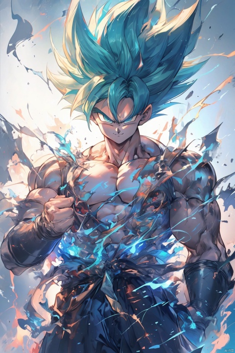  ((best quality)), masterpiece, ((ultra-detailed)), illustration, 8k wallpaper, ((extremely detailed CG unity 8k wallpaper)), (extremely detailed eyes and face), huge filesize, game cg, songoku, 1boy, male focus, solo, super saiyan, muscular, spiked hair, green hair, torn clothes, muscular male, pectorals, blue eyes, abs, clenched hands, topless male, looking at viewer, pants, closed mouth, aura, nipples, shaded face, smile, serious, electricity, standing