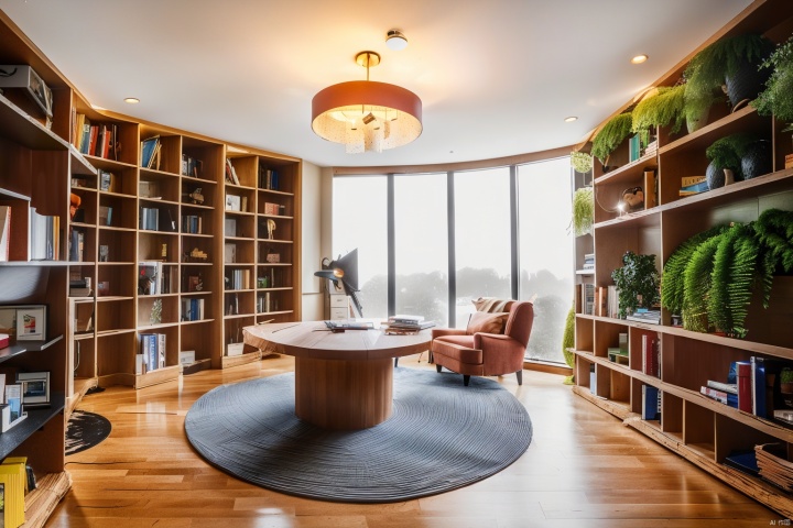 Front above
 The interior scene is divided into upper space and lower space, the two Spaces are connected by steel stairs.
At dusk, overhead lights, wall lights, warm yellow lights, clear concrete walls.
Windows, floor-to-ceiling Windows, skyscrapers, greenery.
Upper space, wooden floor, wooden furniture, bed, shelving for books, greenery, floor-to-ceiling Windows.
Lower space, long desk, chair, fabric sofa, wooden round coffee table, carpet, shelving for books, greenery, floor-to-ceiling Windows.