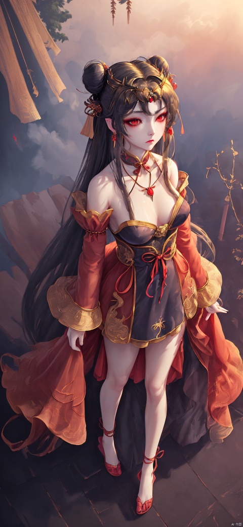  (masterpiece)), ((best quality)), ((official art)), (extremely detailed CG unity 8k wallpaper), ((highly detailed)), ((illustration)), 1girl,traditional chinese painting,((Chinese wind)),((a girl)), (single), staring, fairy,hair_ornament, earrings, jewelry, (very long hair1.3), (messy_hair), bare shoulders, ribbon,hairs between eyes, beautiful detailed sky,full body,close-up,arms behind back,Taoist robe, thighs, aloft, mist-shrouded,chinadre,[wet clothes],medium breast,solo,[doll],incredibly_absurdres,intense angle ,pleated dress,chinese style architecture,single hair bun,black_hair,red_eyes,sideways glance,cold attitude,eyeshadow,eyeliner,eyes visible through hair,Glowing lantern no shoes,ribbon-trimmed sleeves,earrings,necklace,tiara,medium_breasts,sunlight,reflection light,ray tracing,loli,Phoenix crown and rosy robe,blush, Dragon and girl, Daofa Rune