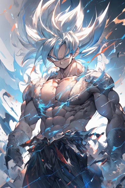  ((best quality)), masterpiece, ((ultra-detailed)), illustration, 8k wallpaper, ((extremely detailed CG unity 8k wallpaper)), (extremely detailed eyes and face), huge filesize, game cg, songoku, 1boy, male focus, solo, super saiyan, muscular, spiked hair, white hair, torn clothes, muscular male, pectorals, blue eyes, abs, clenched hands, topless male, looking at viewer, pants, closed mouth, aura, nipples, shaded face, smile, serious, electricity, standing