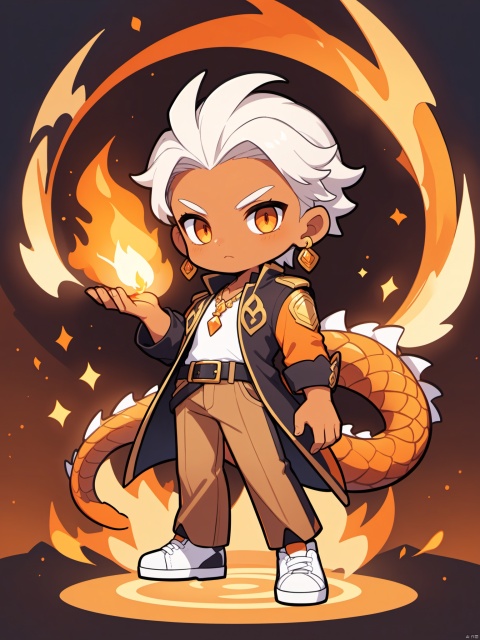  solo, 1dragon,dragon scales,fire,magic,looking at viewer, long sleeves, 1boy, jewelry, standing, jacket, tail, full body, earrings, belt, pants, hand up, chibi, orange eyes, colored skin, white footwear, brown pants
no human
singer background