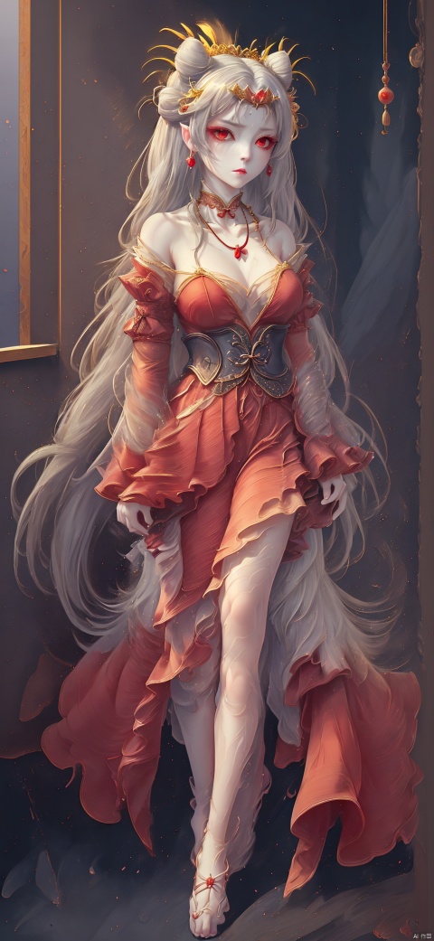  (masterpiece)), ((best quality)), ((official art)), (extremely detailed CG unity 8k wallpaper), ((highly detailed)), ((illustration)), 1girl,traditional chinese painting,((Chinese wind)),((a girl)), (single), staring, fairy,hair_ornament, earrings, jewelry, (very long hair1.3), (messy_hair), bare shoulders, ribbon,hairs between eyes, beautiful detailed sky,full body,close-up,arms behind back,Taoist robe, thighs, aloft, mist-shrouded,chinadre,[wet clothes],medium breast,solo,[doll],incredibly_absurdres,intense angle ,pleated dress,chinese style architecture,single hair bun,white_hair,red_eyes,sideways glance,cold attitude,eyeshadow,eyeliner,eyes visible through hair,Glowing lantern no shoes,ribbon-trimmed sleeves,earrings,necklace,tiara,medium_breasts,sunlight,reflection light,ray tracing,loli,Phoenix crown and rosy robe,blush, Dragon and girl, Daofa Rune