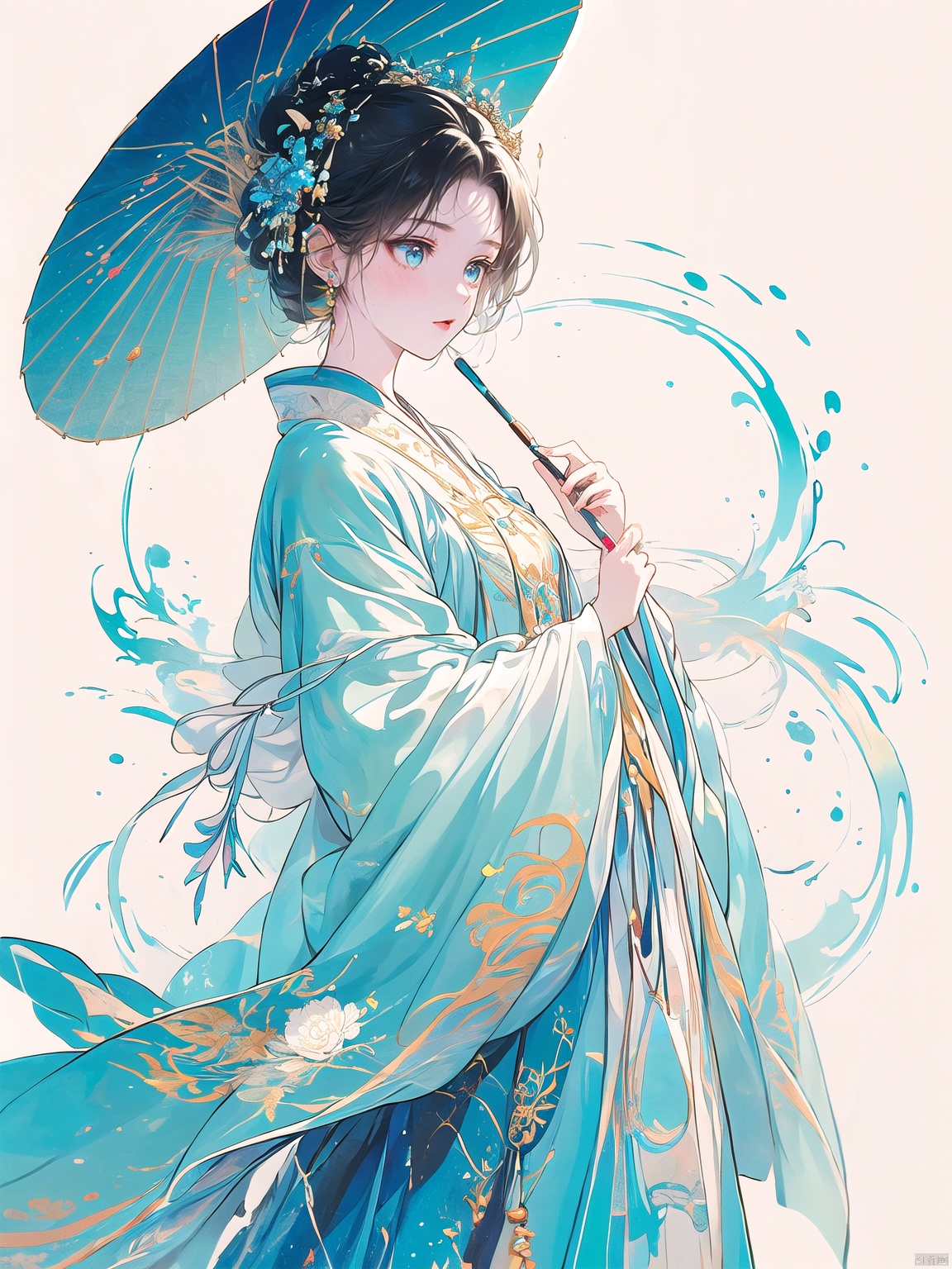  (masterpiece, best quality, highres,absurdres, detailed:1.2)
1girl, lovely,black hair,a fan in her hand,blue eye,colorful clothes,there is a White nine-tailed fox around her, Simple background, vivid color, acrylic painting,different angles, myinv,beauty