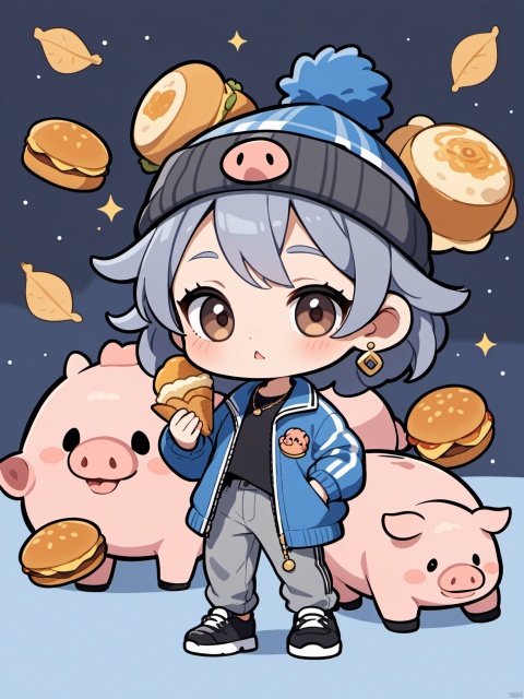  solo,1pig,looking at viewer, hat, holding, brown eyes, jewelry, jacket, full body, earrings, food, shoes, pants, chibi, black footwear, blue jacket, beanie, grey pants, grey headwear, pig
no human
singer background