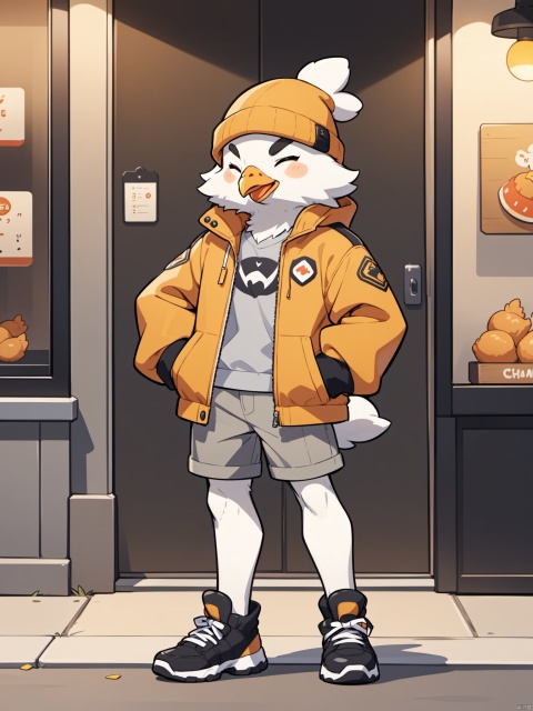 solo, looking at viewer, 1chicken, hat, brown eyes, standing, jacket, full body, male focus, one eye closed, shoes, shorts, black footwear, furry, beanie, grey shorts
