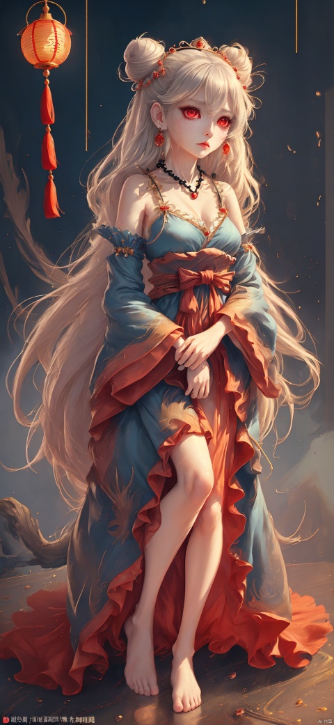  (masterpiece)), ((best quality)), ((official art)), (extremely detailed CG unity 8k wallpaper), ((highly detailed)), ((illustration)), 1girl,traditional chinese painting,((Chinese wind)),((a girl)), (single), staring, fairy,hair_ornament, earrings, jewelry, (very long hair1.3), (messy_hair), bare shoulders, ribbon,hairs between eyes, beautiful detailed sky,full body,close-up,arms behind back,Taoist robe, thighs, aloft, mist-shrouded,chinadre,[wet clothes],medium breast,solo,[doll],incredibly_absurdres,intense angle ,pleated dress,chinese style architecture,single hair bun,white_hair,red_eyes,sideways glance,cold attitude,eyeshadow,eyeliner,eyes visible through hair,Glowing lantern no shoes,ribbon-trimmed sleeves,earrings,necklace,tiara,medium_breasts,sunlight,reflection light,ray tracing,loli,Phoenix crown and rosy robe,blush, Dragon and girl, Daofa Rune