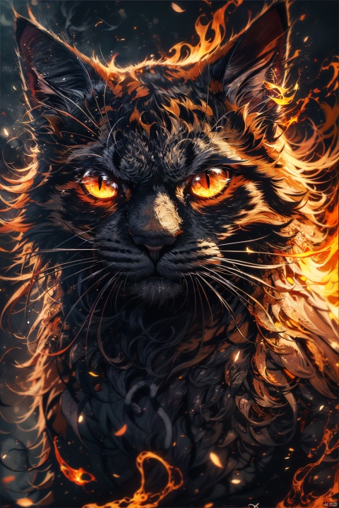  Angry [Subject] wallpaper, in the style of aggressive digital illustration, anamorphic lens flare,cat , expressive strokes, dark & explosive, close-up, huoshen,zhurongshi, yinghuo,burning