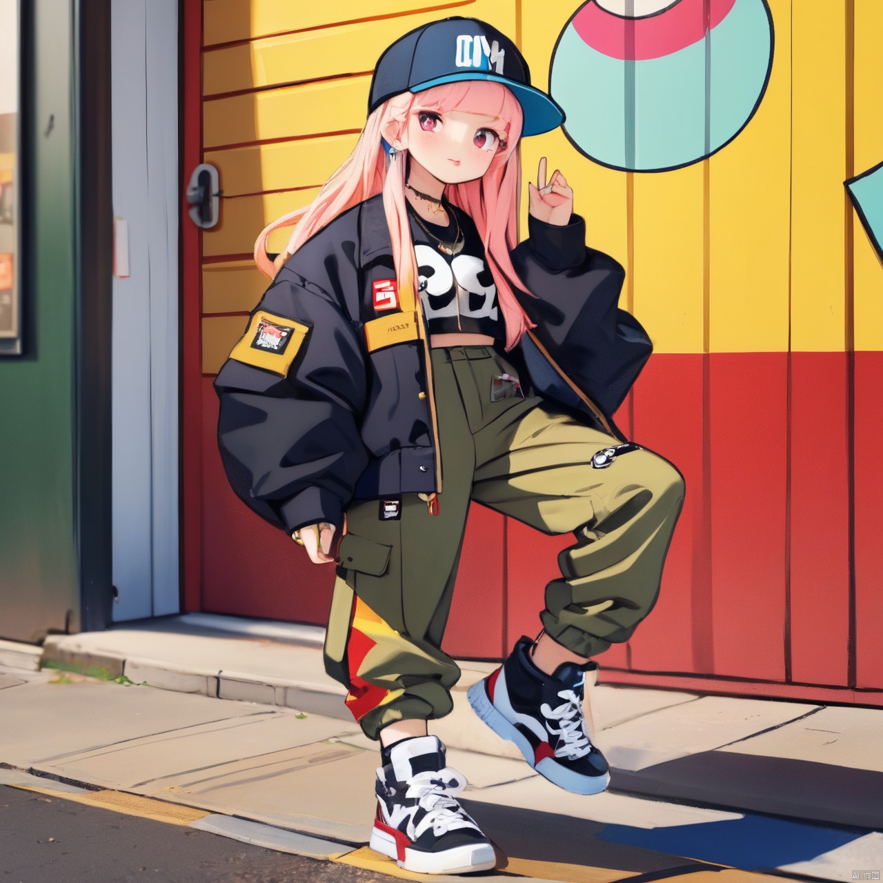 1 super beautiful girl,streetwear,graphic tees,cargo pants,bomber jackets,high-top sneakers,snapback hats,bold patterns